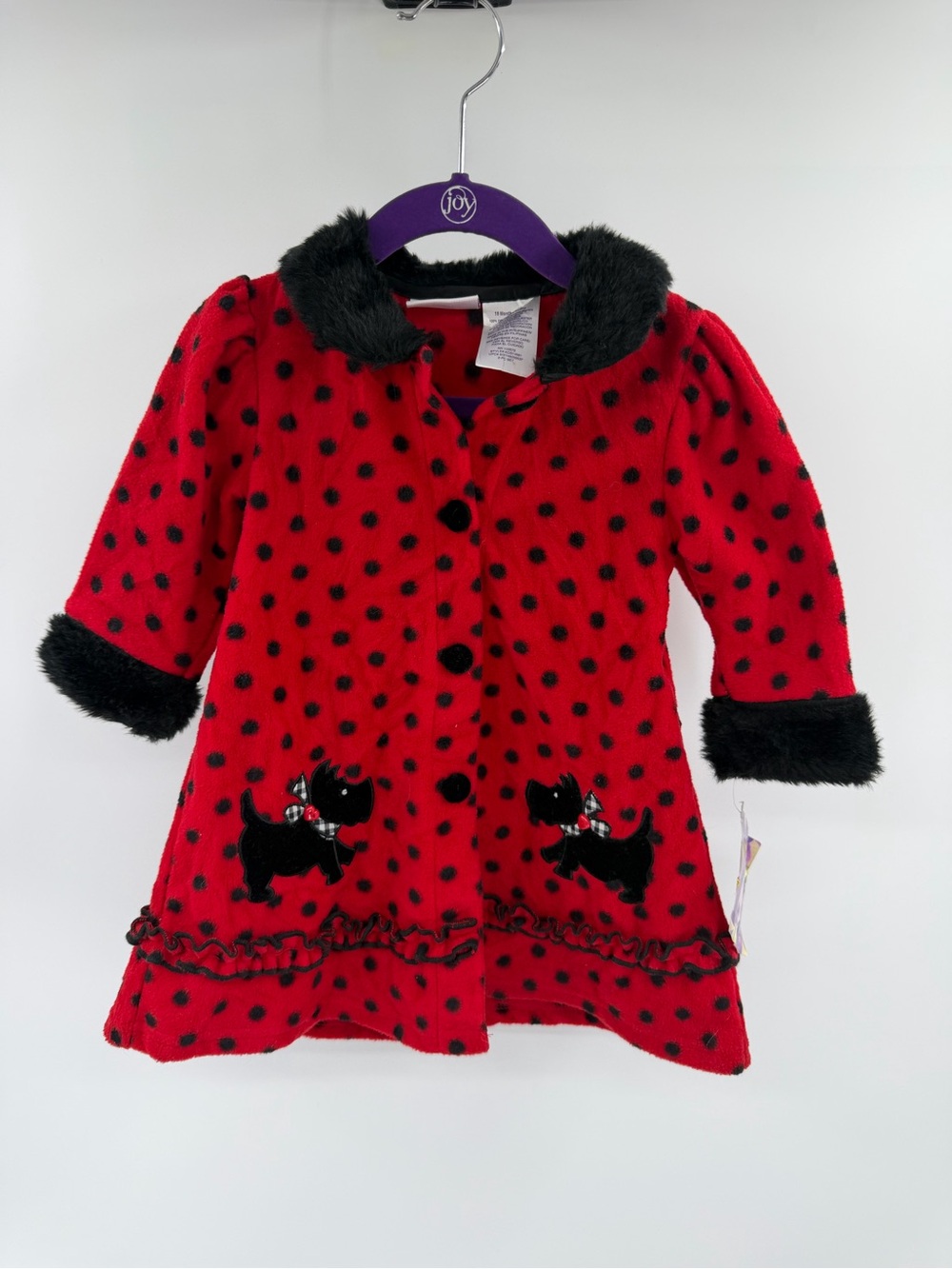 Blueberi Boulevard Red Polka Dot Pea Coat Black Faux-Fur Trim Scotty Dog 18 Mo